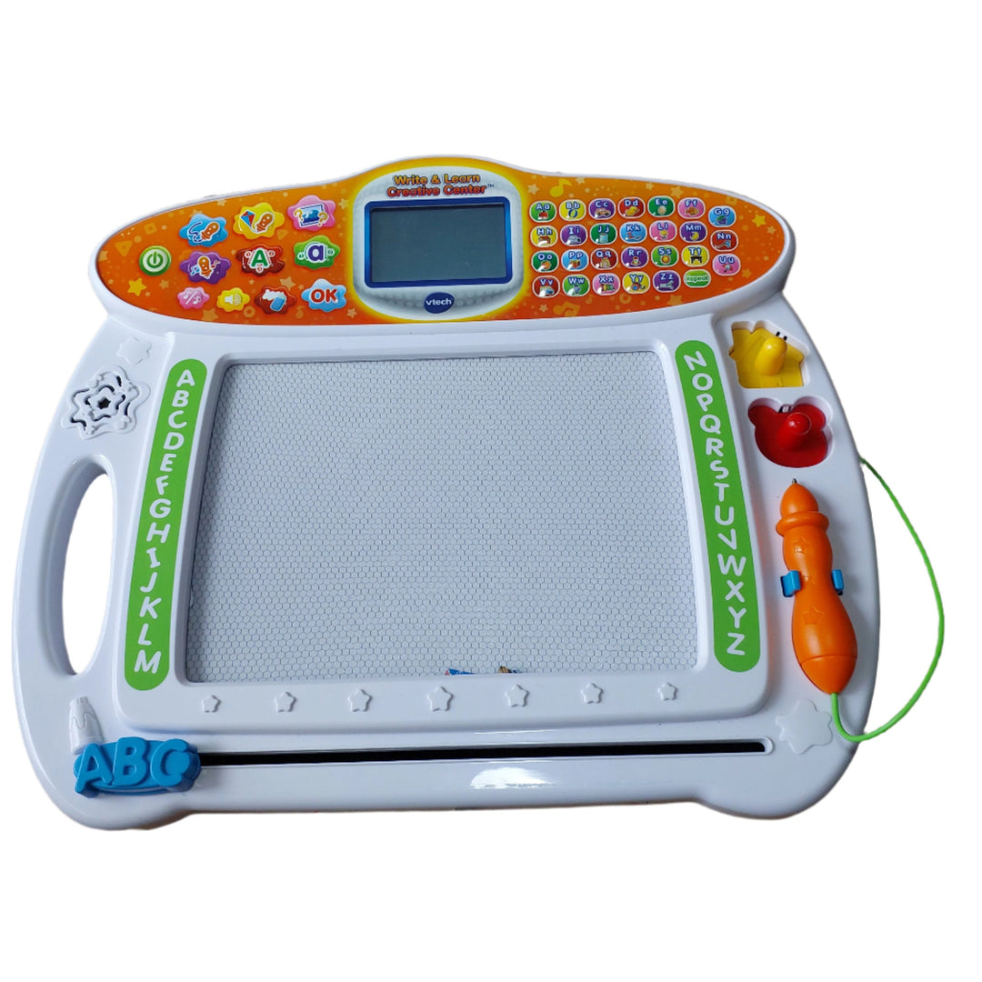 Vtech, The write and learn creative center by VTech provides children with an interactive and fun way to give them a head start on how to write. Animated demonstrations help preschoolers follow along to learn proper stroke order for uppercase and lowercase letters. Customize the creative center with your child’s name and the screen will show them how to write it step-by-step. Choose a drawing activity and your child will learn to draw by progressing from simple lines and shapes to 26 different objects.