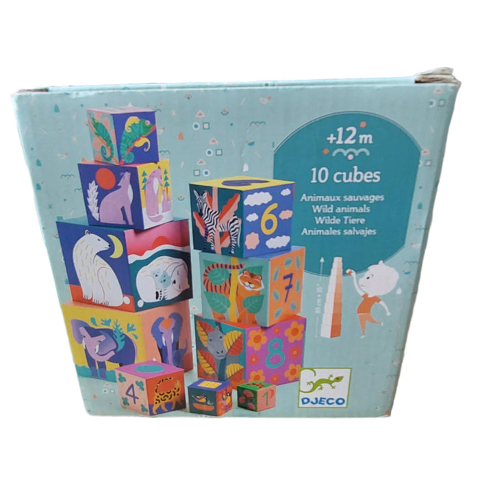 Djeco, Nesting blocks with colourful graphic art illustrations. 10 thick-card blocks to fit together, stack and knock down as much as you like! Stack the blocks so that the illustrations form a logical sequence.