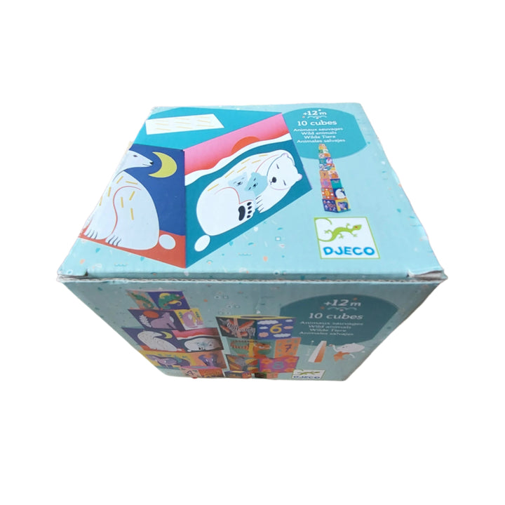 Djeco, Nesting blocks with colourful graphic art illustrations. 10 thick-card blocks to fit together, stack and knock down as much as you like! Stack the blocks so that the illustrations form a logical sequence.