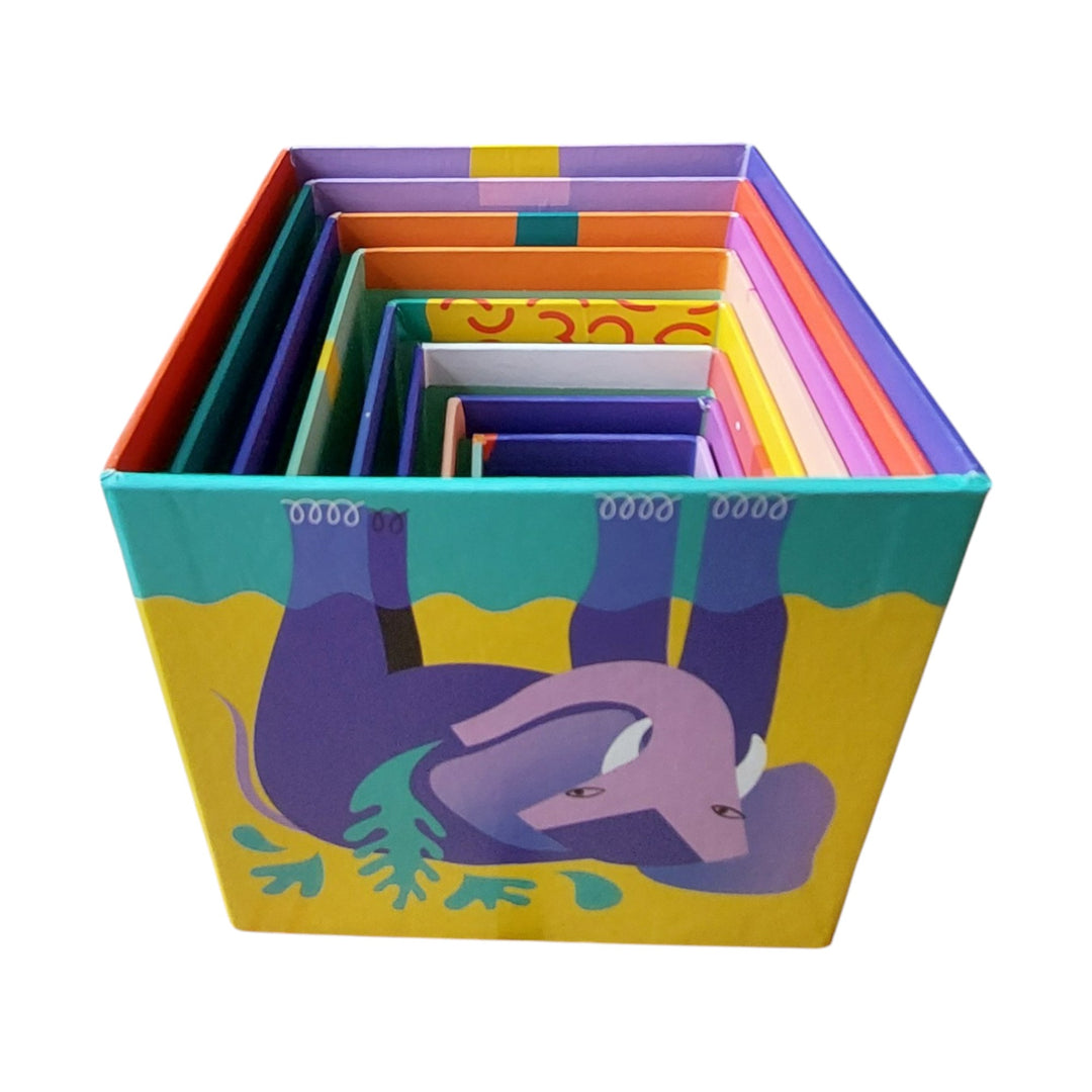 Djeco, Nesting blocks with colourful graphic art illustrations. 10 thick-card blocks to fit together, stack and knock down as much as you like! Stack the blocks so that the illustrations form a logical sequence.