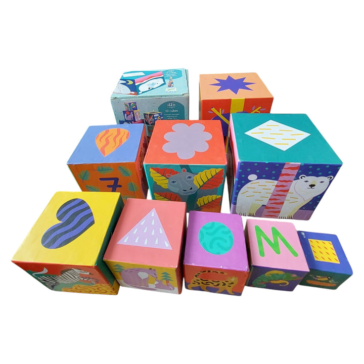 Djeco, Nesting blocks with colourful graphic art illustrations. 10 thick-card blocks to fit together, stack and knock down as much as you like! Stack the blocks so that the illustrations form a logical sequence.