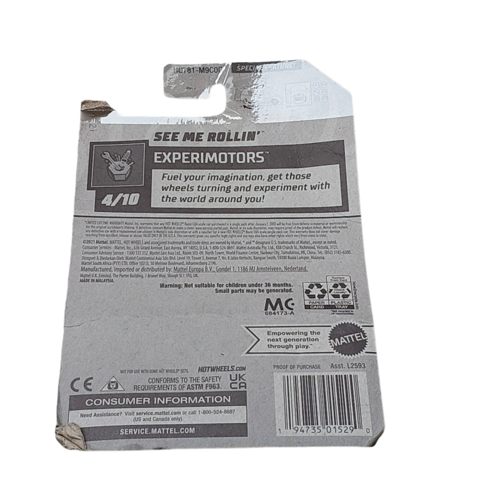 Hot Wheels, See Me Rollin', The See Me Rollin' is a dice-themed Hot Wheels car. The rear of the vehicle has a viewing port on the top with a singular, hexagonal wheel in the rear. Each face of the wheel is marked with dice pips, 1 through 6, with the viewing port showing a given face as the "rolled" number.