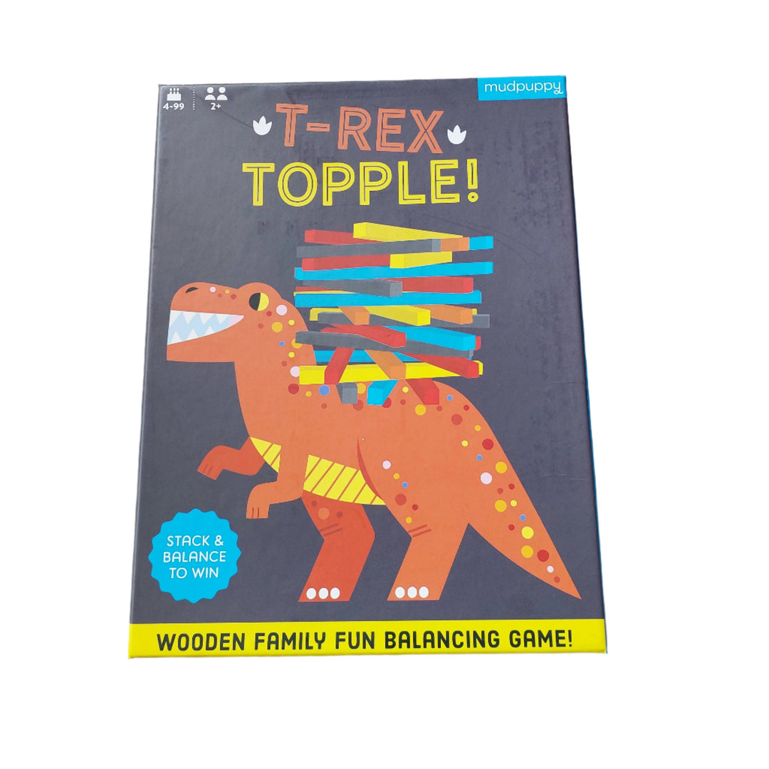 Mudpuppy, T-rex Topple, A classic game that benefits development of motor skills, dexterity, and hand-eye coordination. Children ages 4 and up stack and balance wooden sticks on the back of the wooden dinosaur to win the game.