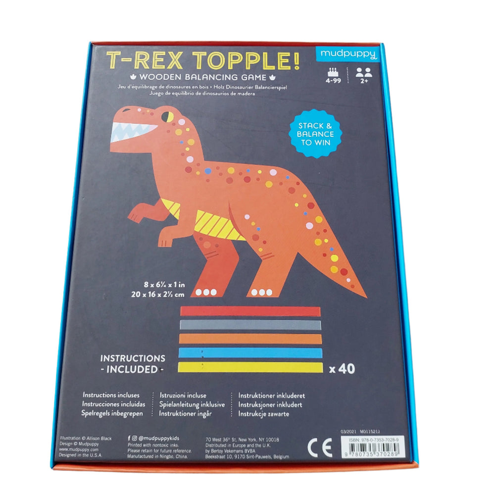 Mudpuppy, T-rex Topple, A classic game that benefits development of motor skills, dexterity, and hand-eye coordination. Children ages 4 and up stack and balance wooden sticks on the back of the wooden dinosaur to win the game.