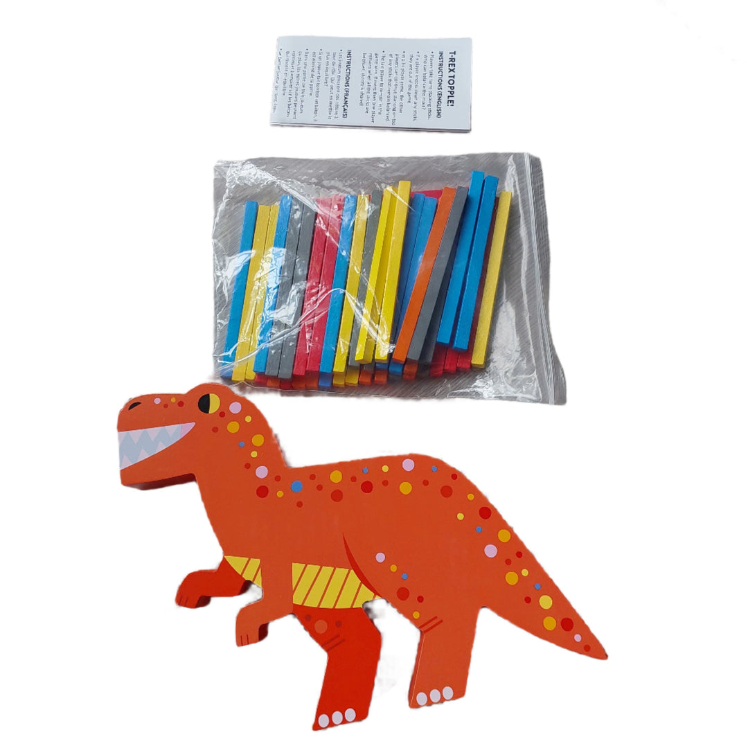 Mudpuppy, T-rex Topple, A classic game that benefits development of motor skills, dexterity, and hand-eye coordination. Children ages 4 and up stack and balance wooden sticks on the back of the wooden dinosaur to win the game.