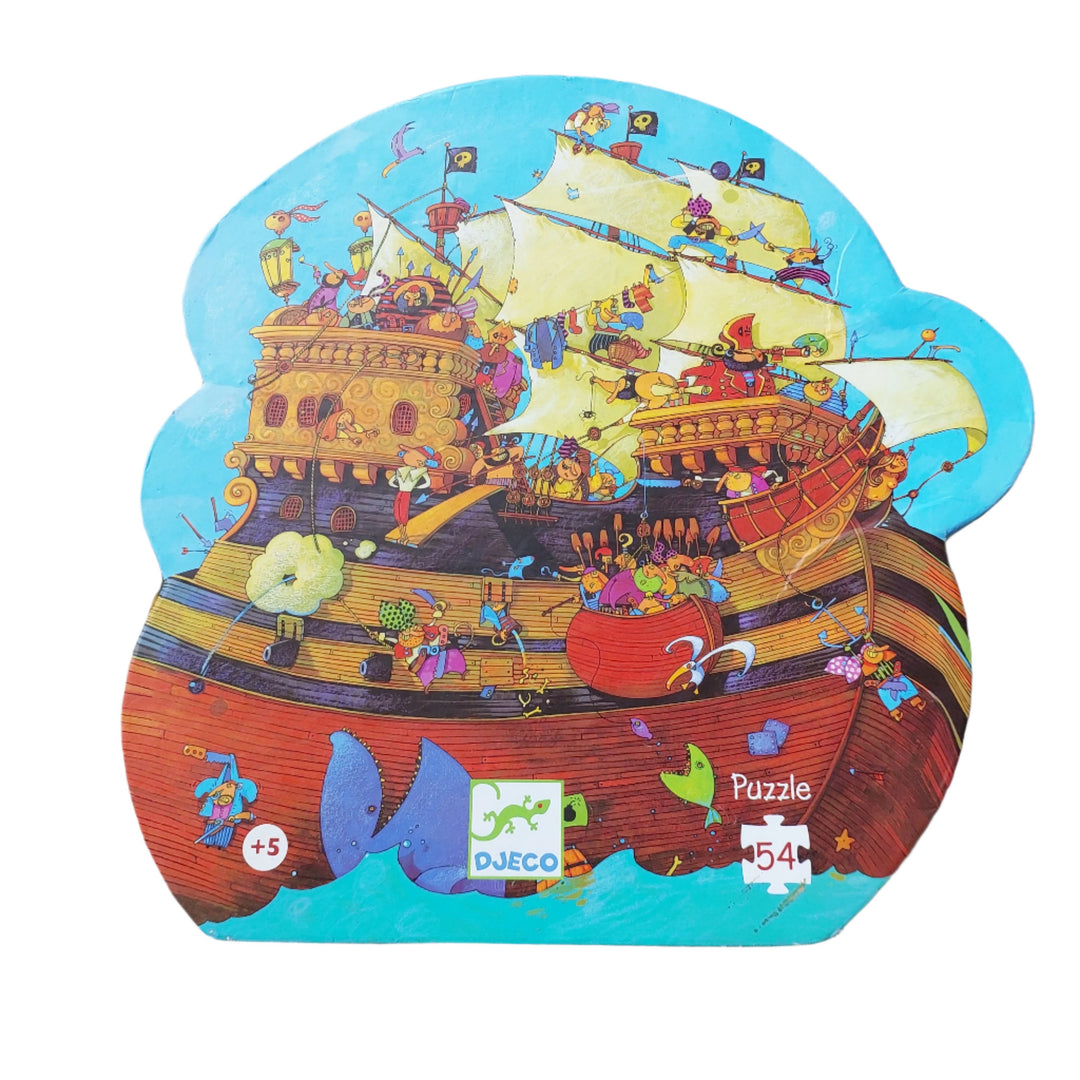 Djeco, 54-piece puzzle features fun and fanciful pirate artwork; Large pieces are perfect for hands just learning the fun of interlocking puzzles; Puzzle measures approximately 16 high x 18 wide; Designed in France by Frederic Pillot; For ages 5 years and older.