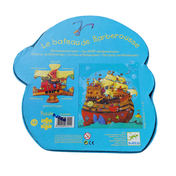 Djeco, 54-piece puzzle features fun and fanciful pirate artwork; Large pieces are perfect for hands just learning the fun of interlocking puzzles; Puzzle measures approximately 16 high x 18 wide; Designed in France by Frederic Pillot; For ages 5 years and older.