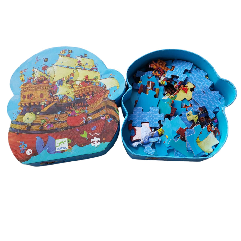 Djeco, 54-piece puzzle features fun and fanciful pirate artwork; Large pieces are perfect for hands just learning the fun of interlocking puzzles; Puzzle measures approximately 16 high x 18 wide; Designed in France by Frederic Pillot; For ages 5 years and older.