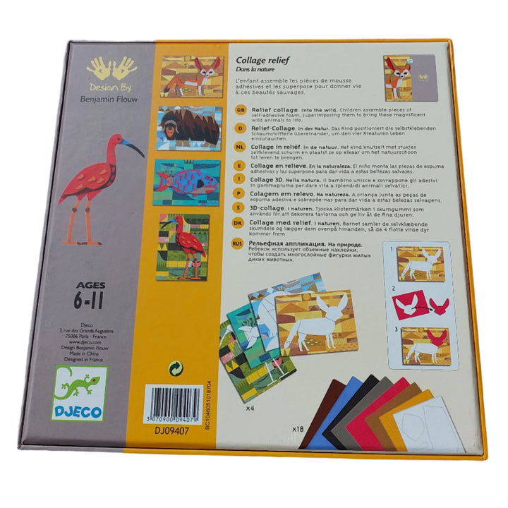 Djeco, Let your children discover the&nbsp;Djeco&nbsp;relief set, adapted to children from 6 to 11 years old, which will make them spend whole afternoons around a superb creative activity ! With the help of the pre-cut and self-adhesive foam pieces, create 4 beautiful paintings inspired by animals in nature.