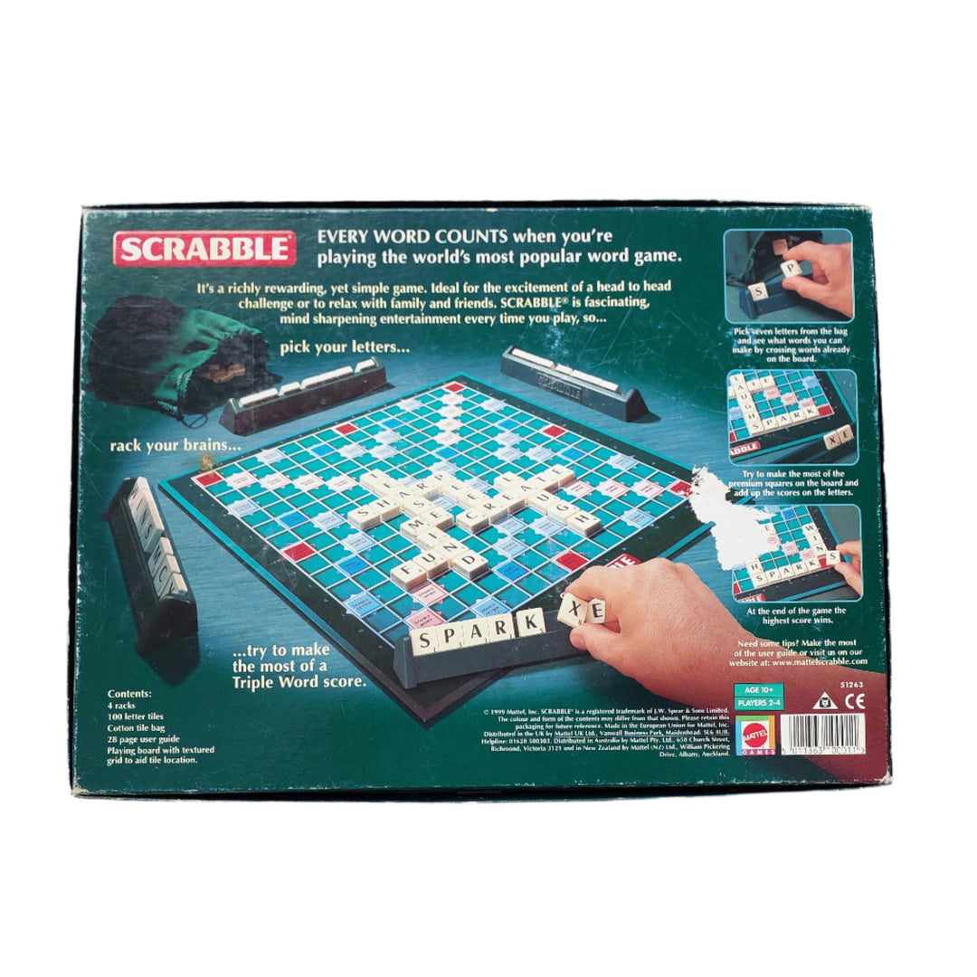 Mattel, Scrabble Original, Scrabble is a classic battle of wits and words where every word counts! Designed for 2 to 4 players, with this game you must make the best word you can using any of your seven letter tiles drawn at random.