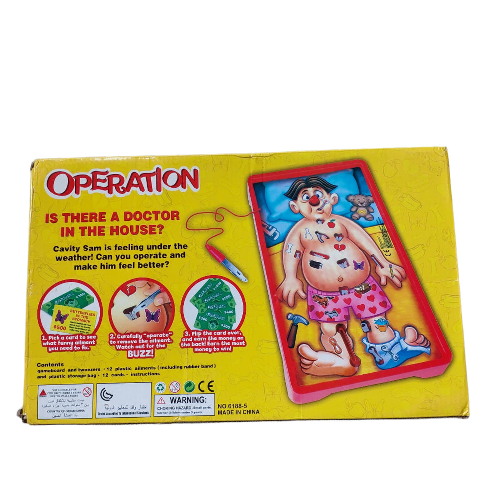 Hasbro, Operation, It's the classic family favourite with an updated look and funny ailments! Cavity Sam is feeling a bit under the weather, and kids will love to "operate" and make him better. Your child will grab the tweezers and giggle with delight trying to take out all of Cavity Sam's funny ailments without getting "buzzed"!