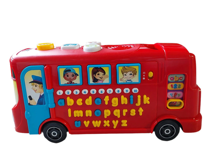 Vtech, Playtime Bus, The Playtime Bus features four fun activities to help your child learn a range of subjects! Climb aboard for a fun learning journey with the VTech Playtime Bus! Through over 100 interactive curriculum questions, your child can learn phonic sounds, letters, vocabulary, numbers, counting, and safety rules; also includes a quiz mode to reinforce learning. Features over 30 lively melodies, songs, and fun bus-related sounds effects, 26 letter buttons, 1–10 number buttons, brake, horn and dri