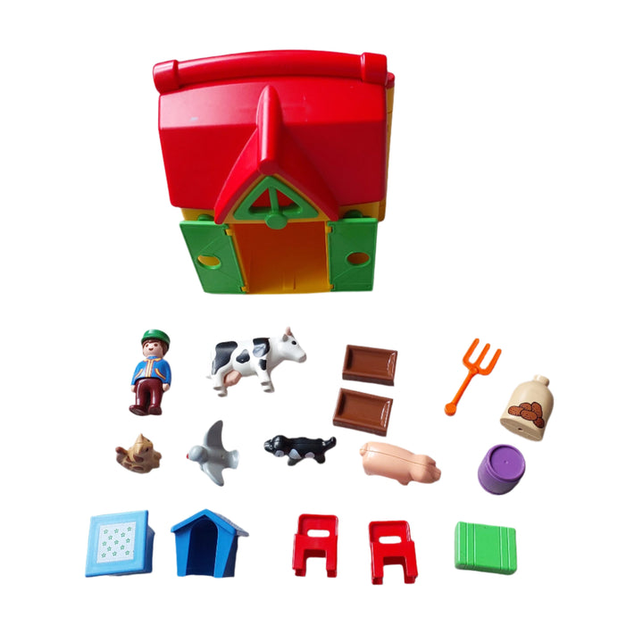 Playmobil, 6962 Take Along Farm, This PLAYMOBIL 1.2.3. set is ideal for toddlers. Feed the animals and store all supplies in the loft. Pay careful attention to which shapes fit in the holes!