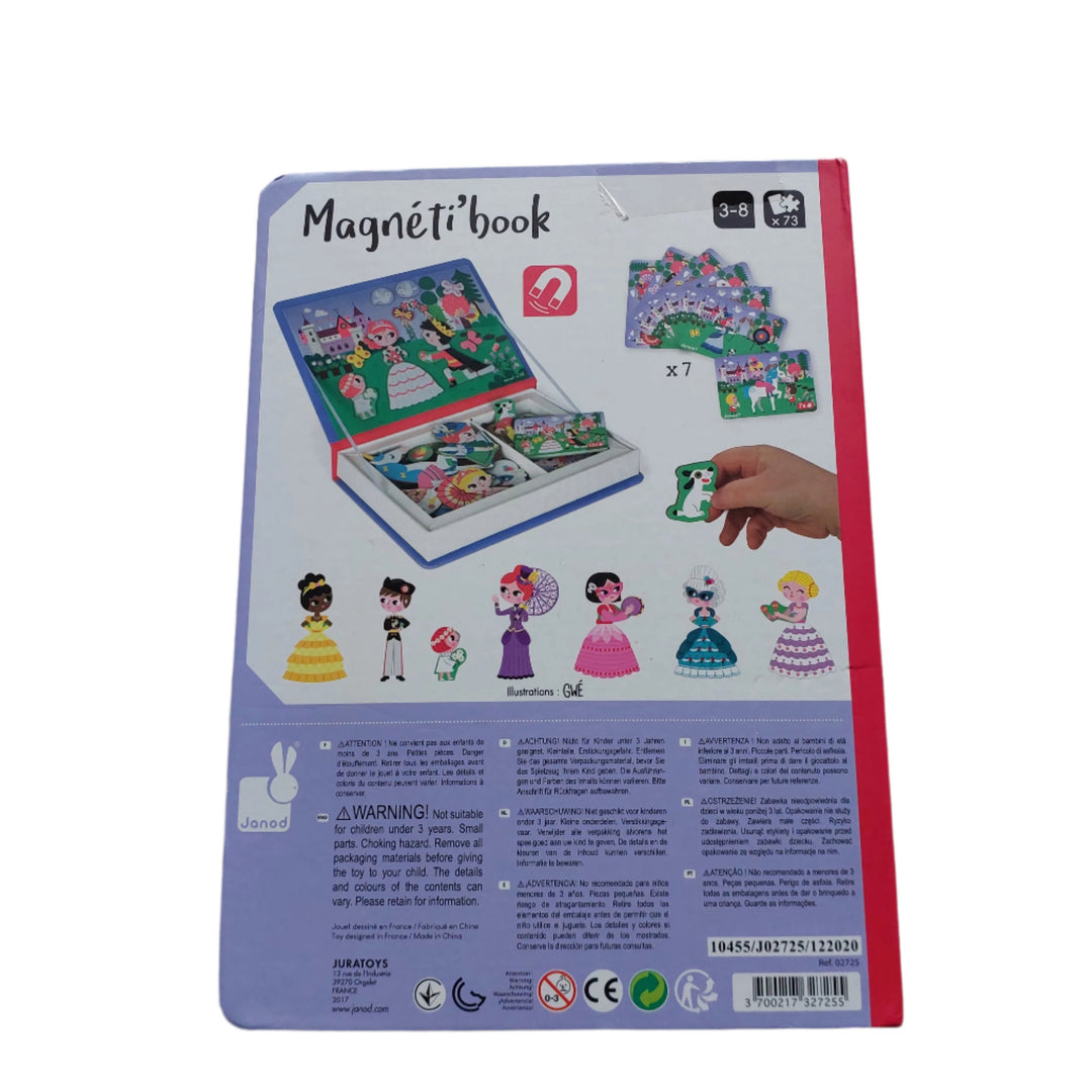 Janod, Magneti Book, Magnetic educational game in cardboard on the princess theme. Composed of 55 magnets and 7 cards. Once the book is opened, the aim is to make on the stage the same scene as indicated on the card thanks to the magnets.