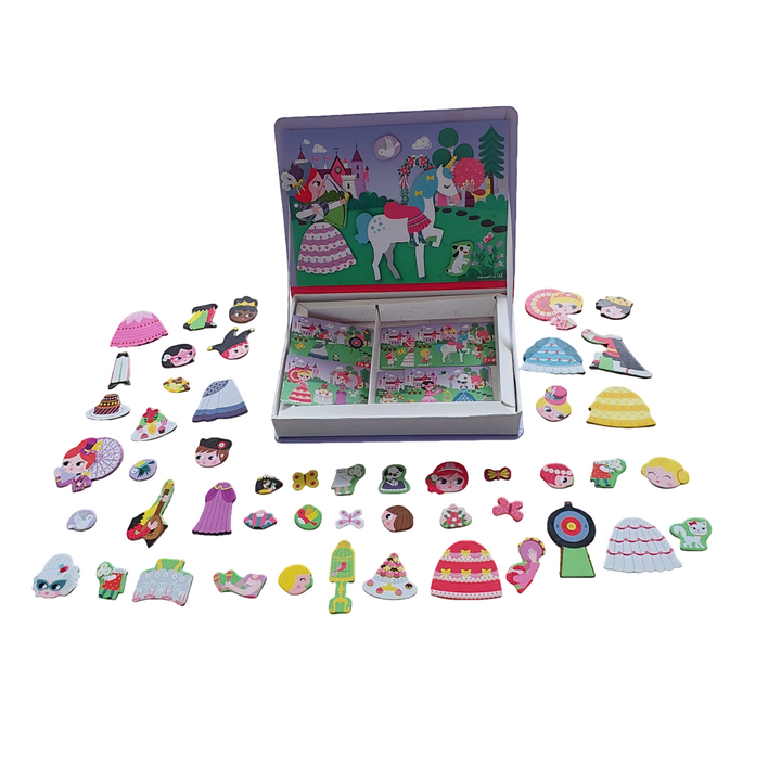 Janod, Magneti Book, Magnetic educational game in cardboard on the princess theme. Composed of 55 magnets and 7 cards. Once the book is opened, the aim is to make on the stage the same scene as indicated on the card thanks to the magnets.