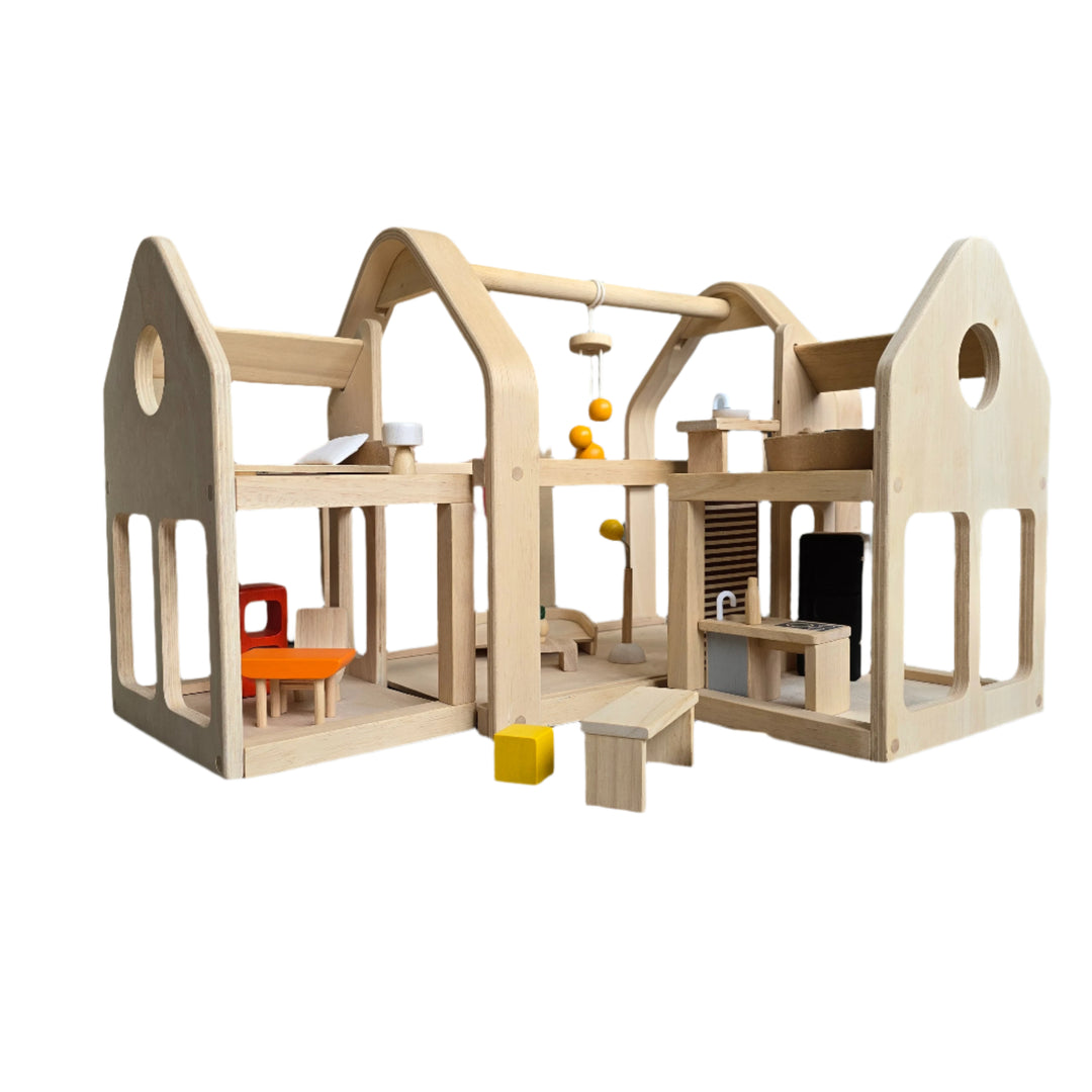 Plan Toys, Modular 3 Block Wooden House, This wooden house is made up of three modular sections, so it can be adapted to suit any story. It also includes modern-inspired furniture.