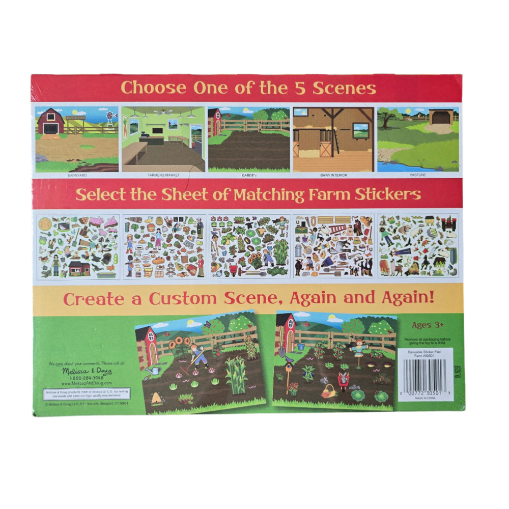 Melissa & Doug, Reusable Sticker Pad Farm, Extra-large sticker-activity pad with a farm theme. Includes 5 colorful backgrounds and 280 cling-style, repositionable stickers.