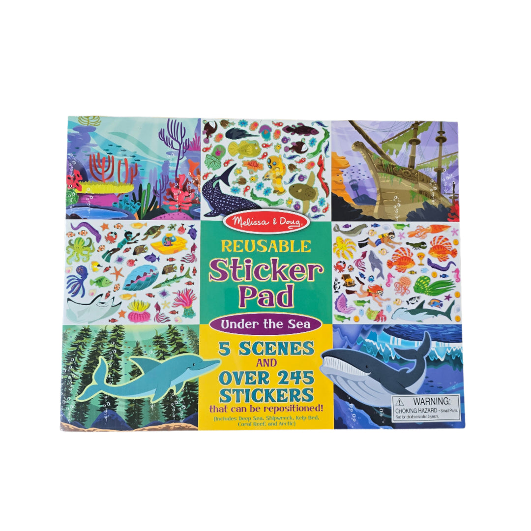 Melissa & Doug, Reusable Sticker Pad Under The Sea, Extra-large sticker-activity pad with an under the sea theme. Includes 5 colorful backgrounds and 245 cling-style, repositionable stickers.