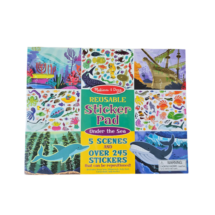 Melissa & Doug, Reusable Sticker Pad Under The Sea, Extra-large sticker-activity pad with an under the sea theme. Includes 5 colorful backgrounds and 245 cling-style, repositionable stickers.