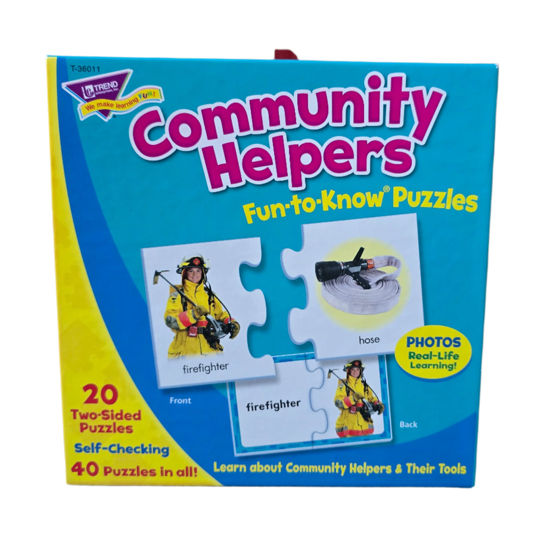 Trend Enterprises, Community Helpers, Everybody loves a challenge! Help children build confidence and achieve success with fun 2-piece puzzles that hone their skills at their own pace. Only matching pieces fit together, so kids can learn by trial and error. Challenge learners to pair community helpers with their tools. Features photorealistic images for real-life learning. Includes a sturdy storage box. 