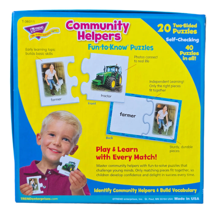 Trend Enterprises, Community Helpers, Everybody loves a challenge! Help children build confidence and achieve success with fun 2-piece puzzles that hone their skills at their own pace. Only matching pieces fit together, so kids can learn by trial and error. Challenge learners to pair community helpers with their tools. Features photorealistic images for real-life learning. Includes a sturdy storage box. 