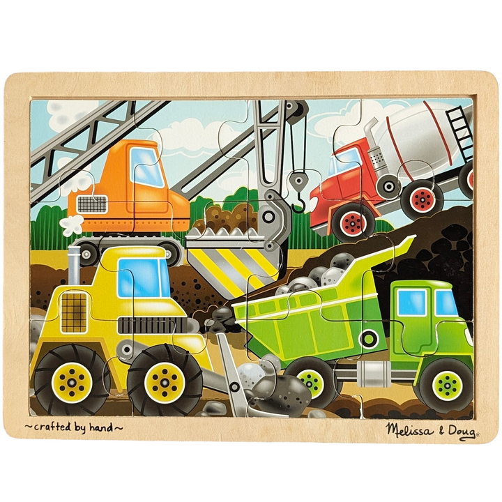 Melissa & Doug, Construction Site - 12 Piece Wooden Puzzle, Cognitive & Motor Skills Development, Hardworking construction vehicles are on site in this 12-piece wooden jigsaw puzzle. Comes packaged in a sturdy, wooden tray for puzzle building and easy storage. This is the ideal introduction to jigsaw solving…once the corner and edge pieces are in place, the puzzle is almost finished!