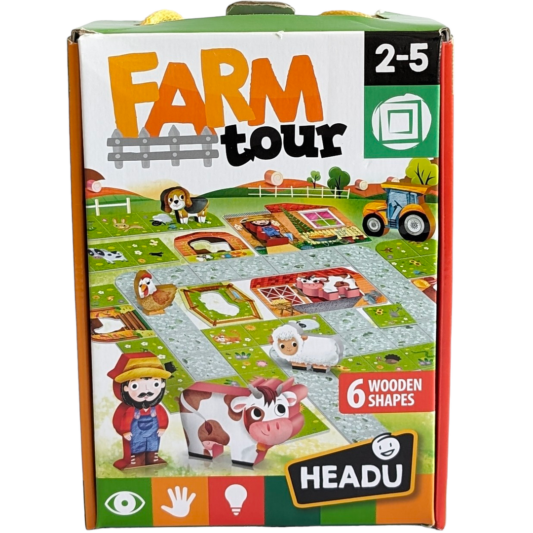 Headu, Farm Tour - Puzzle with 6 wooden shapes, Cognitive & Motor Skills Development, Little ones can invent stories and enjoy their farm in their own way, moving the pieces to make different configurations.

A set of chunky cards to create a farm with a grassy path to travel around, 6 farm building cards and 6 wooden figures.