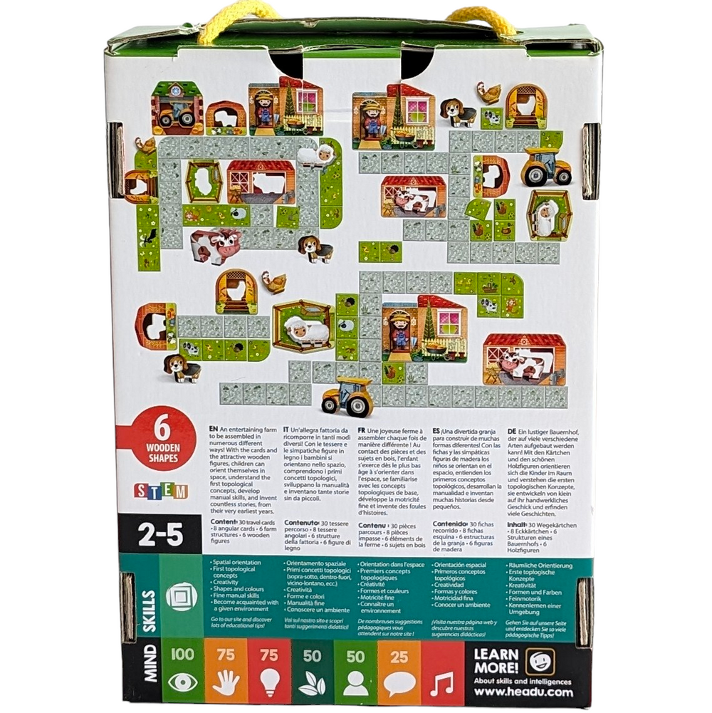 Headu, Farm Tour - Puzzle with 6 wooden shapes, Cognitive & Motor Skills Development, Little ones can invent stories and enjoy their farm in their own way, moving the pieces to make different configurations.

A set of chunky cards to create a farm with a grassy path to travel around, 6 farm building cards and 6 wooden figures.