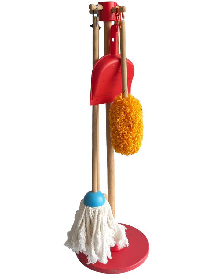 Melissa & Doug, Lets Play House Dust Sweep, Mop Play Set, Social & Emotional Development, This six-piece play set gives kids all the housekeeping tools they need to keep it clean! Sized just for kids and built to last, the broom, mop, duster, dustpan, and hand brush are comfortable to use and easy to store--just hang them from the sturdy cords onto the included stand for neat, compact storage. (The dustpan can also snap onto any of the handles.) Natural-wood handles add durability and a classic look; 