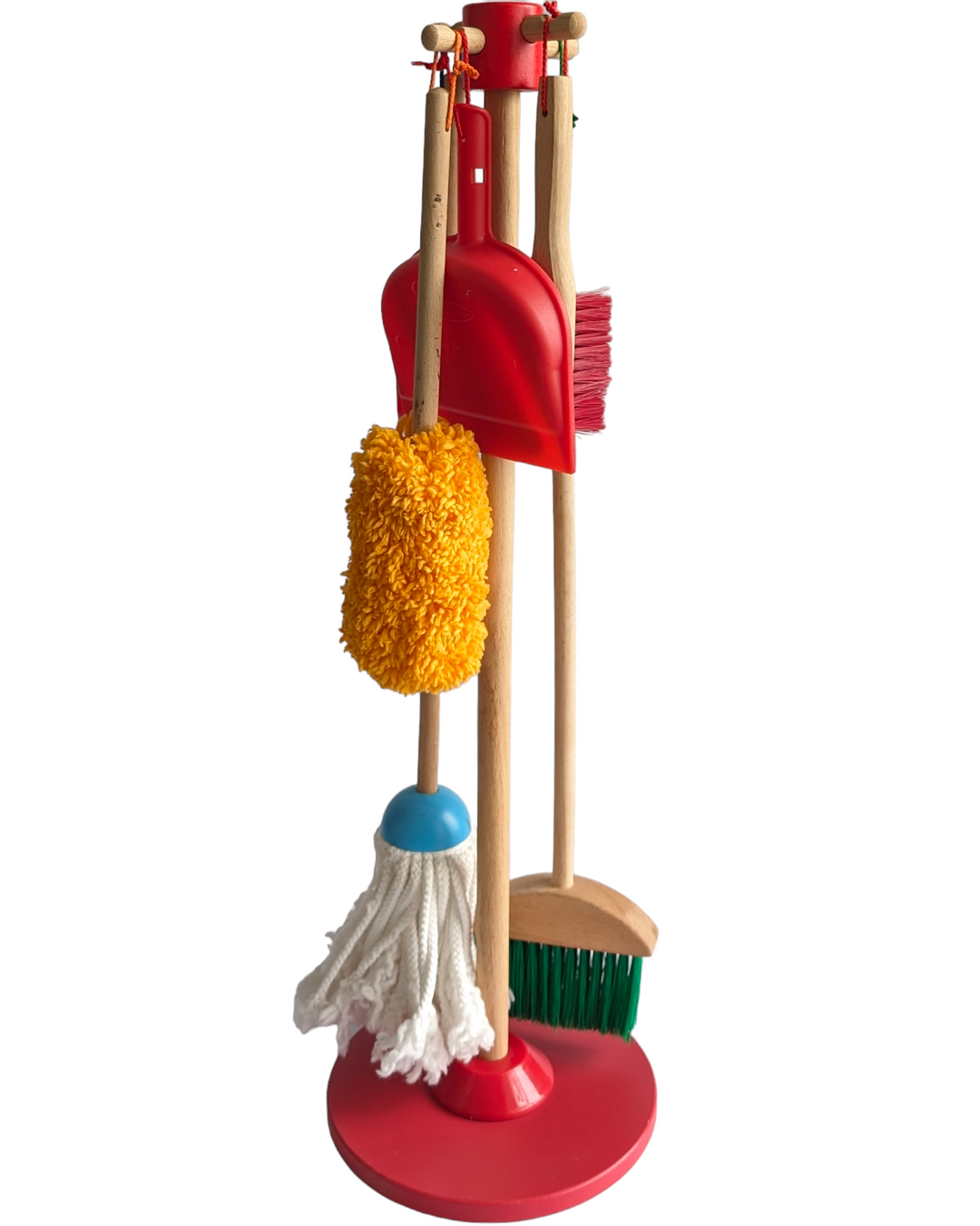 Melissa & Doug, Lets Play House Dust Sweep, Mop Play Set, Social & Emotional Development, This six-piece play set gives kids all the housekeeping tools they need to keep it clean! Sized just for kids and built to last, the broom, mop, duster, dustpan, and hand brush are comfortable to use and easy to store--just hang them from the sturdy cords onto the included stand for neat, compact storage. (The dustpan can also snap onto any of the handles.) Natural-wood handles add durability and a classic look; 