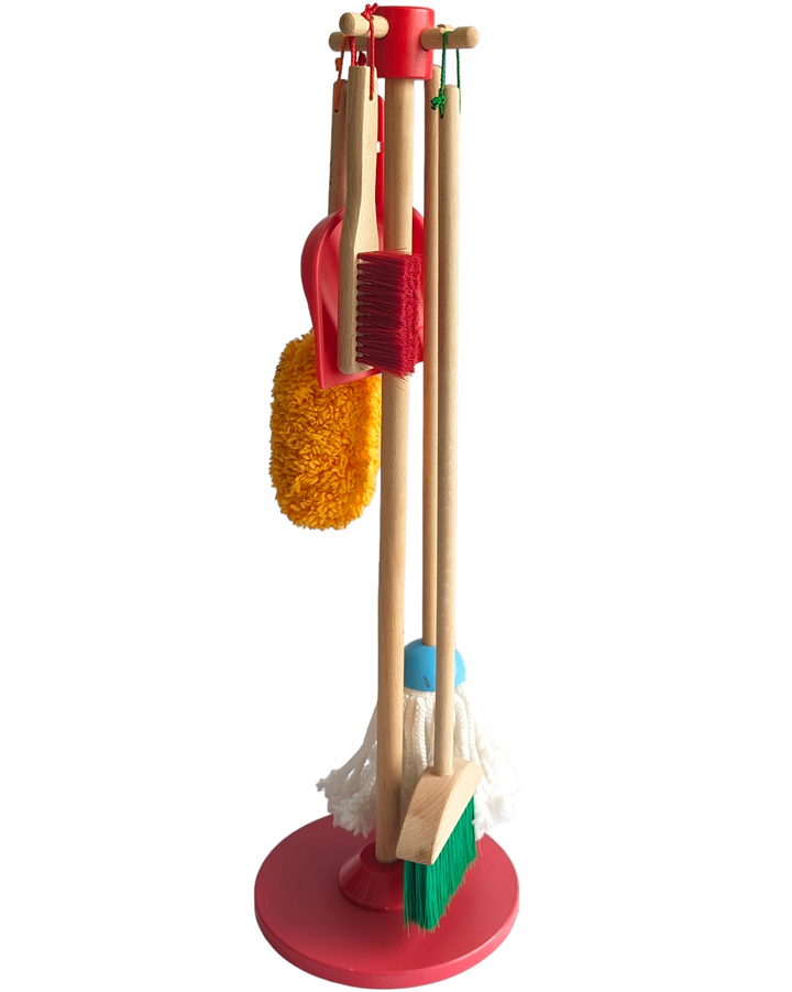 Melissa & Doug, Lets Play House Dust Sweep, Mop Play Set, Social & Emotional Development, This six-piece play set gives kids all the housekeeping tools they need to keep it clean! Sized just for kids and built to last, the broom, mop, duster, dustpan, and hand brush are comfortable to use and easy to store--just hang them from the sturdy cords onto the included stand for neat, compact storage. (The dustpan can also snap onto any of the handles.) Natural-wood handles add durability and a classic look; 