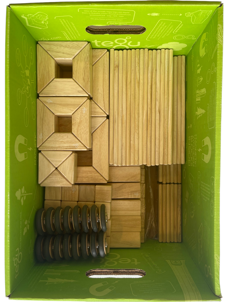 Tegu, 130 Piece Classroom Magnetic Wooden Block Set Natural, Creative & Imaginative Play, The Classroom Kit is a bulk pack of Tegu Blocks perfect for both the classroom or the home playroom. Fully compatible with all other Tegu Magnetic Wooden Sets.
Includes 130 blocks in a variety of shapes