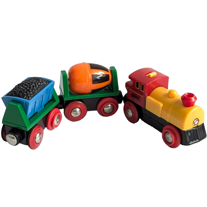 BRIO, Battery Operated Action Train, Cognitive & Motor Skills Development, If you’re looking for a new set of wheels for your railway, you’re in the right place. This battery powered train set is extra fun with a moving coal wagon and a rotating cement mixer as well as headlights that light up on the engine. Fits all Brio and other wooden railways