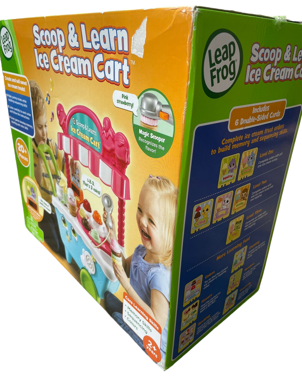 Leapfrog, Scoop & Learn Ice Cream Cart, Social & Emotional Development, Learning is sweet when pretending to run your own ice cream cart! The Scoop & Learn Ice Cream Cart lets you create a variety of imaginative and tasty-looking ice cream combinations using four flavors of ice cream, three toppings and three syrup flavors. Use the magic scooper to scoop up the ice cream and toppings to build customer orders and it will recognize the colors and flavors. 