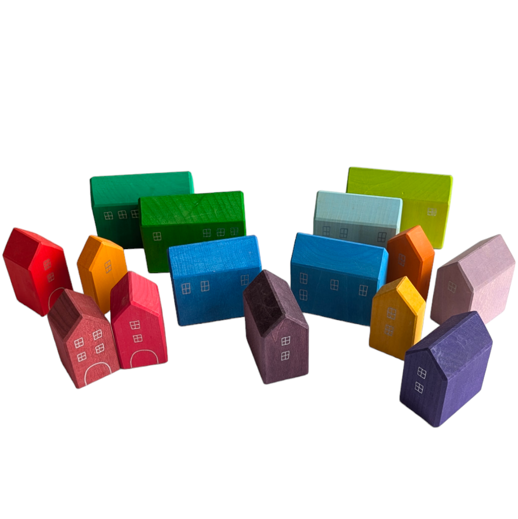 Grimms, Small Houses, Creative & Imaginative Play, Blocks in the shape of a house, with windows and doors painted by hand Flexible plaything Made by hand in Germany Included with a wooden tray for displaying and storing Solid wood construction with water-based, non-toxic staining