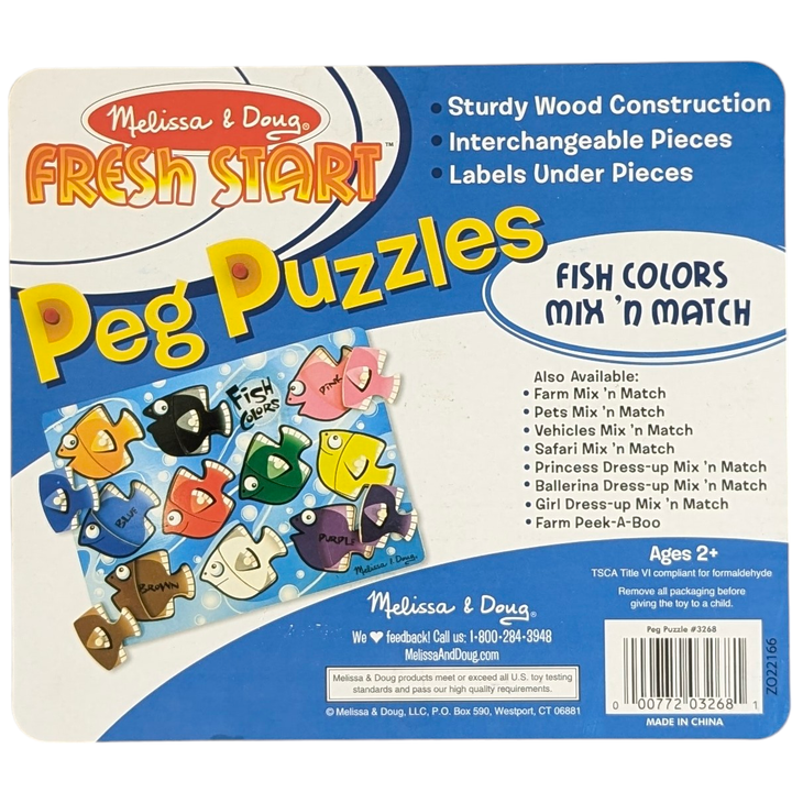 Melissa & Doug, Fish Colours Mix N Match Fresh Start Peg Puzzles, Cognitive & Motor Skills Development , With the ten interchangeable pieces included in this wooden peg puzzle with ten vibrant fish, kids can create a new school of fish every time! The pieces have the colour names underneath them. improves fine motor, hand-eye coordination, and artistic expression.