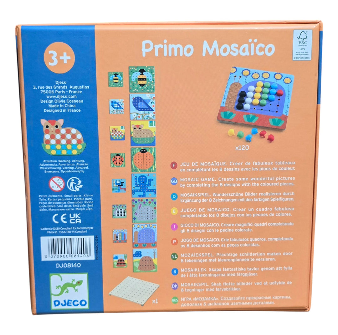 Djeco, Djeco Primo Mosaico is an exciting mosaic game designed for children ages 3 and up. This creative game helps develop fine motor skills, color recognition, and concentration.