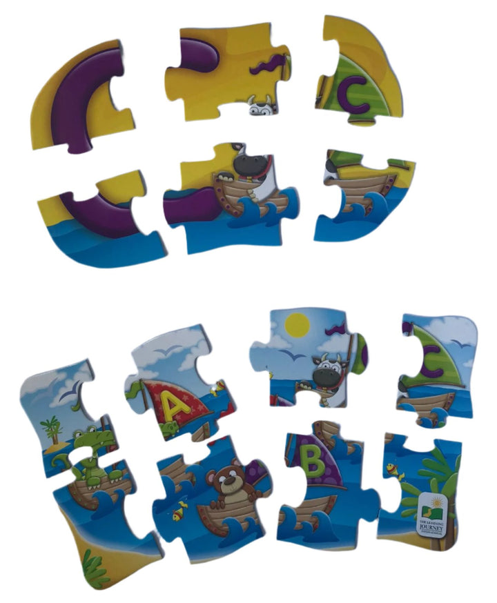 The Learning Journey, My First Puzzle Sets 4-In-A-Box - ABC, My First Puzzle set series are great “starter” puzzles and will help little hands develop fine motor skills. 4 In A Box ABC introduces first letters and sounds as the puzzles progress from 2 pieces to 4 pieces, to 6 pieces to 8 pieces, giving your child the opportunity to grow and develop with the set. The 8-piece puzzle brings the characters from the other three puzzles together in one animated scene with lots to talk about. My First Puzzle sets 