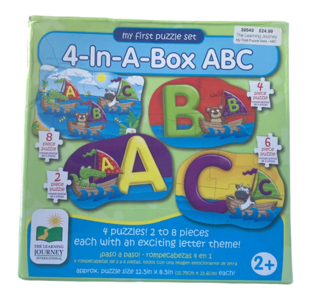 The Learning Journey, My First Puzzle Sets 4-In-A-Box - ABC, My First Puzzle set series are great “starter” puzzles and will help little hands develop fine motor skills. 4 In A Box ABC introduces first letters and sounds as the puzzles progress from 2 pieces to 4 pieces, to 6 pieces to 8 pieces, giving your child the opportunity to grow and develop with the set. The 8-piece puzzle brings the characters from the other three puzzles together in one animated scene with lots to talk about. My First Puzzle sets 