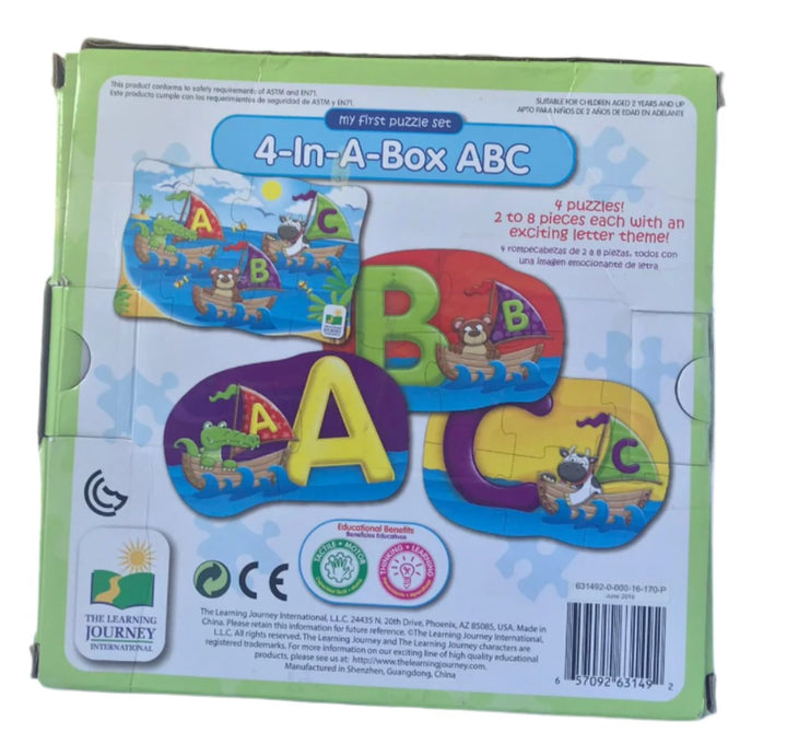 The Learning Journey, My First Puzzle Sets 4-In-A-Box - ABC, My First Puzzle set series are great “starter” puzzles and will help little hands develop fine motor skills. 4 In A Box ABC introduces first letters and sounds as the puzzles progress from 2 pieces to 4 pieces, to 6 pieces to 8 pieces, giving your child the opportunity to grow and develop with the set. The 8-piece puzzle brings the characters from the other three puzzles together in one animated scene with lots to talk about. My First Puzzle sets 