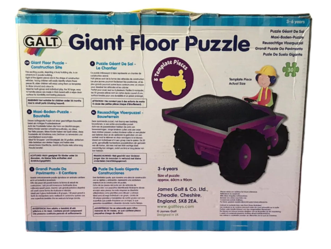 Galt, Galt A1013K Toys, Giant Floor Puzzle - Construction Site, Beautifully illustrated floor puzzle with 30 pieces including 8 templates, cut in the shape of the construction vehicles. There are so many interesting things to find in this puzzle that children will return to it time and time again. The large, easy to handle pieces are made in thick board with a wipe-clean surface.