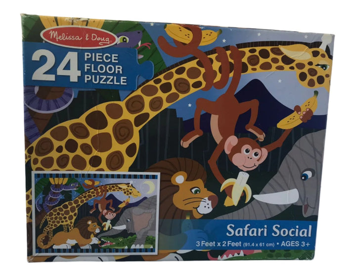 Melissa and doug, Safari Social Floor Puzzle - 24 Pieces, Go bananas with some party animals! Piece together the adorably illustrated 24-piece Safari Social sturdy cardboard jigsaw floor puzzle to discover friendly creatures having a wild time sharing bananas. Pieces are big enough for little hands to grasp; completed puzzle measures approximately three feet by four feet (91.4 cm x 61 cm). “Easy Clean” surface keeps the puzzle looking like new. Help kids develop problem-solving skills and encourage fine mot