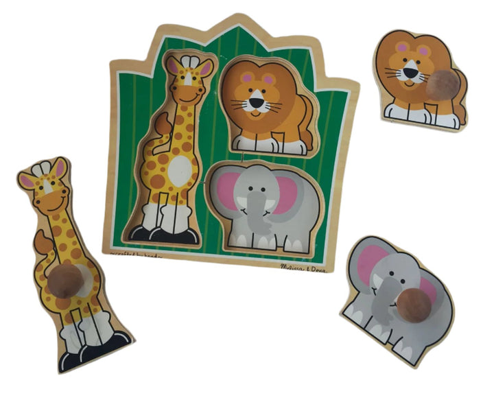 Melissa and doug, Melissa & Doug 3375 Jungle Friends Safari Animals Jumbo Knob Wooden Puzzle, Standing against a lush green background, a lion, an elephant and a giraffe are waiting to play. Extra thick wooden puzzle includes three pieces, with jumbo wooden knobs for easy grasping. Full-color, matching pictures appear underneath each piece. Encourage eye-hand, fine motor and visual perception skills.