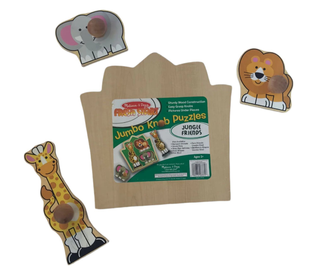 Melissa and doug, Melissa & Doug 3375 Jungle Friends Safari Animals Jumbo Knob Wooden Puzzle, Standing against a lush green background, a lion, an elephant and a giraffe are waiting to play. Extra thick wooden puzzle includes three pieces, with jumbo wooden knobs for easy grasping. Full-color, matching pictures appear underneath each piece. Encourage eye-hand, fine motor and visual perception skills.