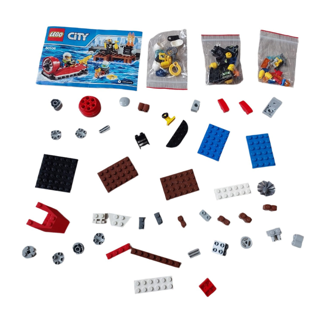 Lego, Lego city 60106, Get into the firefighting action on land and water with the LEGO City Fire Starter Set, featuring a fire hovercraft with a turning propeller, pier with engine and fire element, plus accessories. Includes 4 minifigures: 2 male firefighters, a female firefighter and a dockworker.