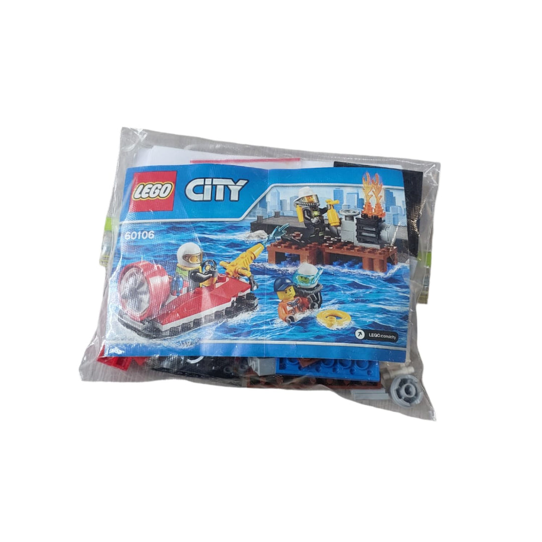 Lego, Lego city 60106, Get into the firefighting action on land and water with the LEGO City Fire Starter Set, featuring a fire hovercraft with a turning propeller, pier with engine and fire element, plus accessories. Includes 4 minifigures: 2 male firefighters, a female firefighter and a dockworker.