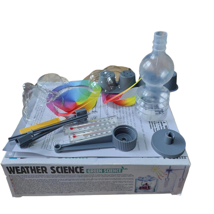 Green Science, Weather Science, The 4M Weather Station Kit contains all the tools a young meteorologist needs to study the effects of weather on the environment. This multi-function weather kit contains a full set of basic tools to observe and record weather conditions around the home. The kit includes a functional wind vane, an anemometer, a thermometer and a rain gauge for measuring local weather conditions. Use the kit and a recycled soda bottle to create a terrarium to study the greenhouse effect on pla