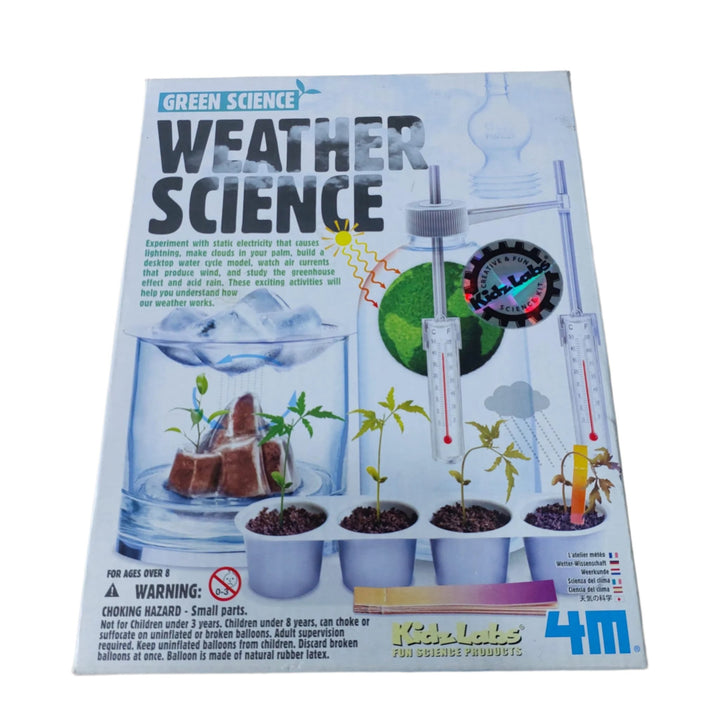 Green Science, Weather Science, The 4M Weather Station Kit contains all the tools a young meteorologist needs to study the effects of weather on the environment. This multi-function weather kit contains a full set of basic tools to observe and record weather conditions around the home. The kit includes a functional wind vane, an anemometer, a thermometer and a rain gauge for measuring local weather conditions. Use the kit and a recycled soda bottle to create a terrarium to study the greenhouse effect on pla