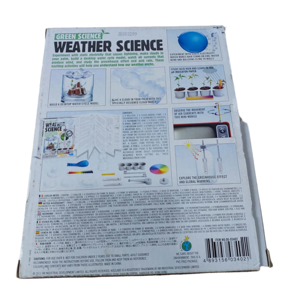 Green Science, Weather Science, The 4M Weather Station Kit contains all the tools a young meteorologist needs to study the effects of weather on the environment. This multi-function weather kit contains a full set of basic tools to observe and record weather conditions around the home. The kit includes a functional wind vane, an anemometer, a thermometer and a rain gauge for measuring local weather conditions. Use the kit and a recycled soda bottle to create a terrarium to study the greenhouse effect on pla