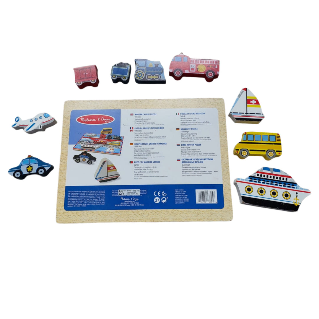 Melissa & Doug, Chunky Vehicle Puzzle, Melissa & Doug Vehicles Chunky Puzzle is a hand-painted puzzle with superior craftsmanship and full colour pictures! Little ones will love how easy it is to grasp the thick, chunky wooden puzzle pieces while matching them to their respective spots on the colourful board. Full colour pictures lie beneath each piece to guide your child while these wooden puzzle pieces even stand on their own for additional pretend play! Help your child develop hand-eye coordination, fine